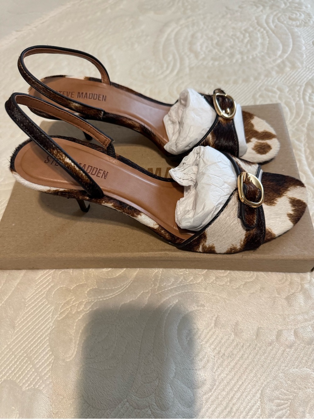Steve Madden Henrietta-H Cow Print Slingback Kitten Heels with Gold Buckle - Picture 3 of 6